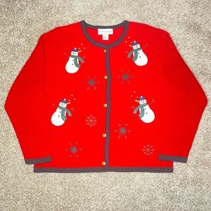 Croft & Barrow Petite Medium Snowman Cardigan Sweater Red Button Front Crewneck